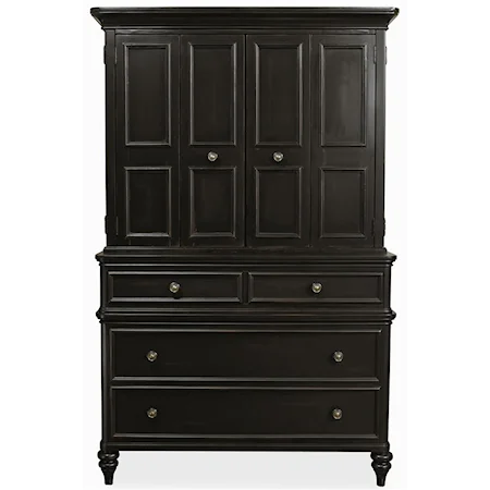 Armoire Base With Two Drawers, Media Box With 2 Drop Front Drawers, and Deck With 2 Wraparound Doors and 2 Compartments